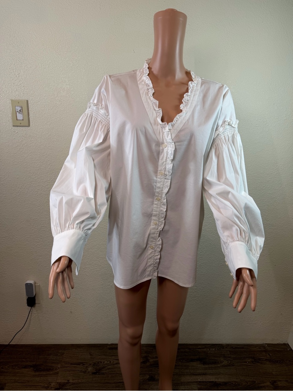 Lauren Ralph Lauren White Solid V-Neck Ruffle Button-Up Woven Cotton Blouse XL - Picture 5 of 12